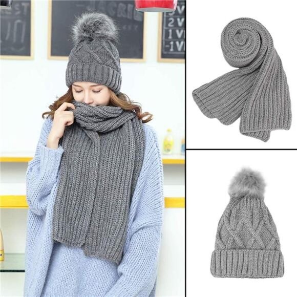 KRATARC Cold Winter Women Warm Scarf Beanie Hat Set Knitted Fleece Girls Pompom main image 3